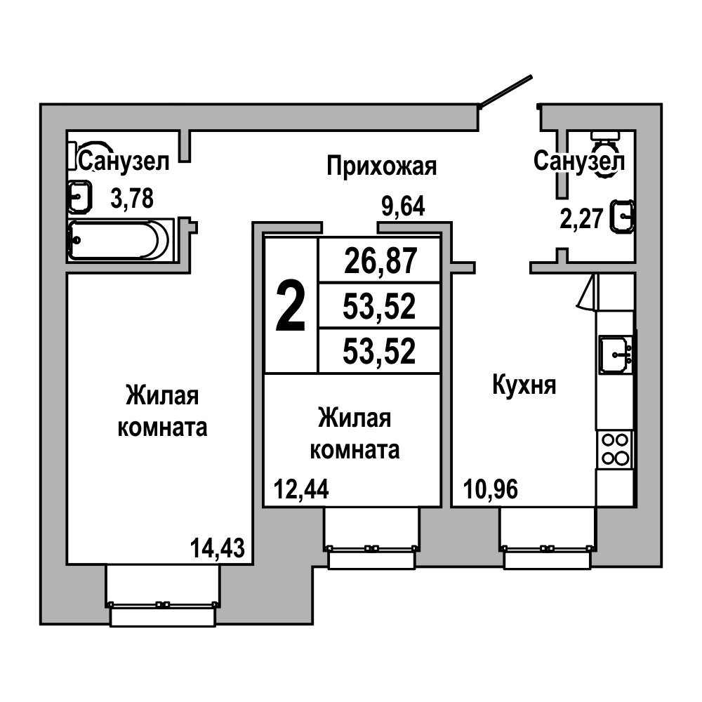 1 этаж 2-комнатн. 53.5 кв.м.