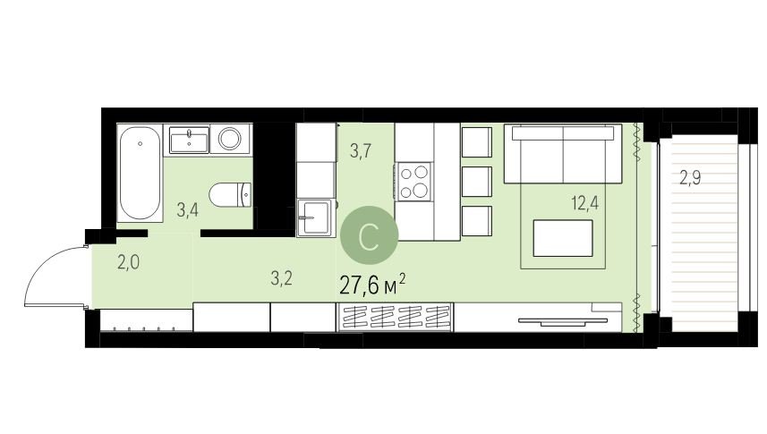 5 этаж 1-комнатн. 27.7 кв.м.